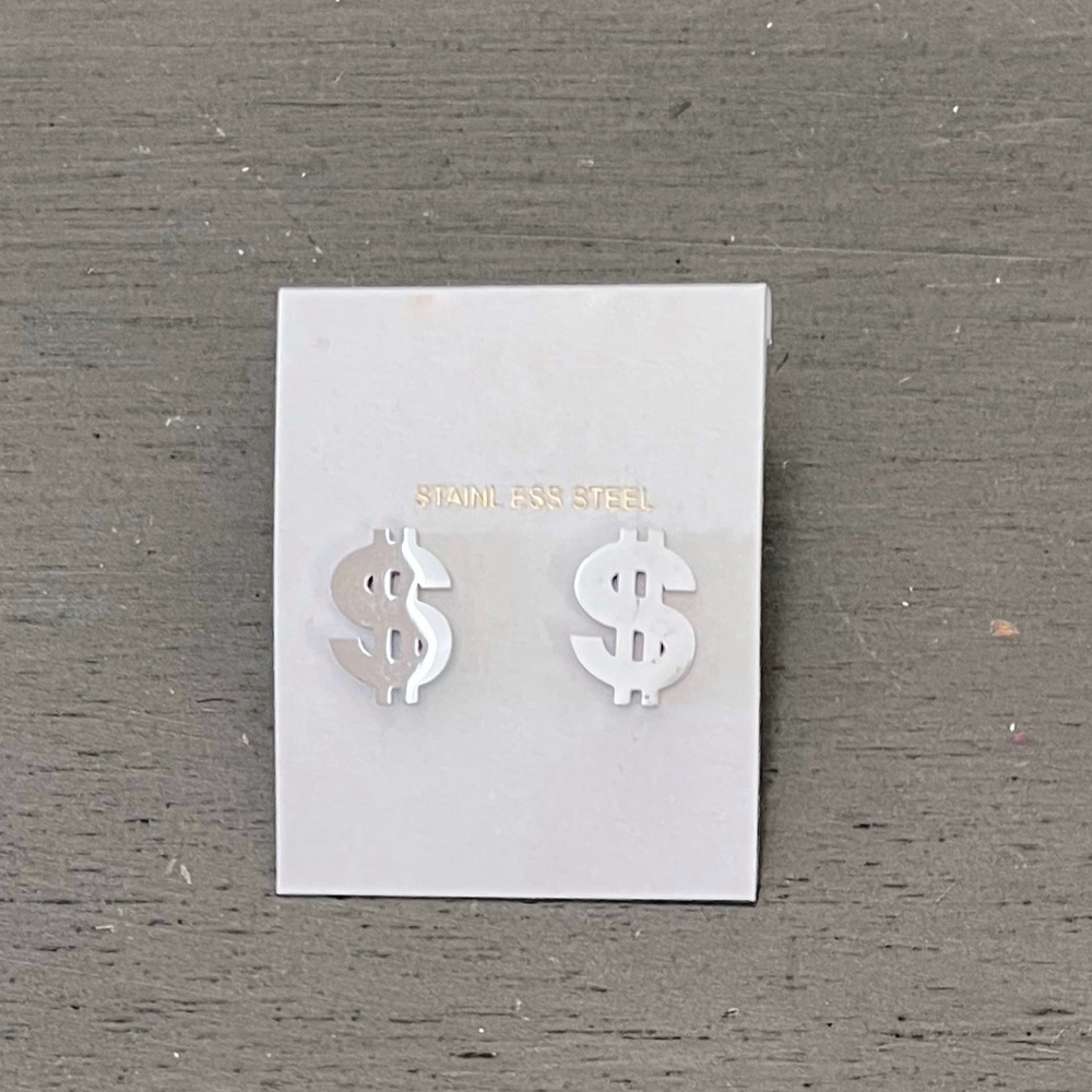 Dollar Sign Money Currency Humor Prosperity Silver Stainless Steel 1/2” Earrings